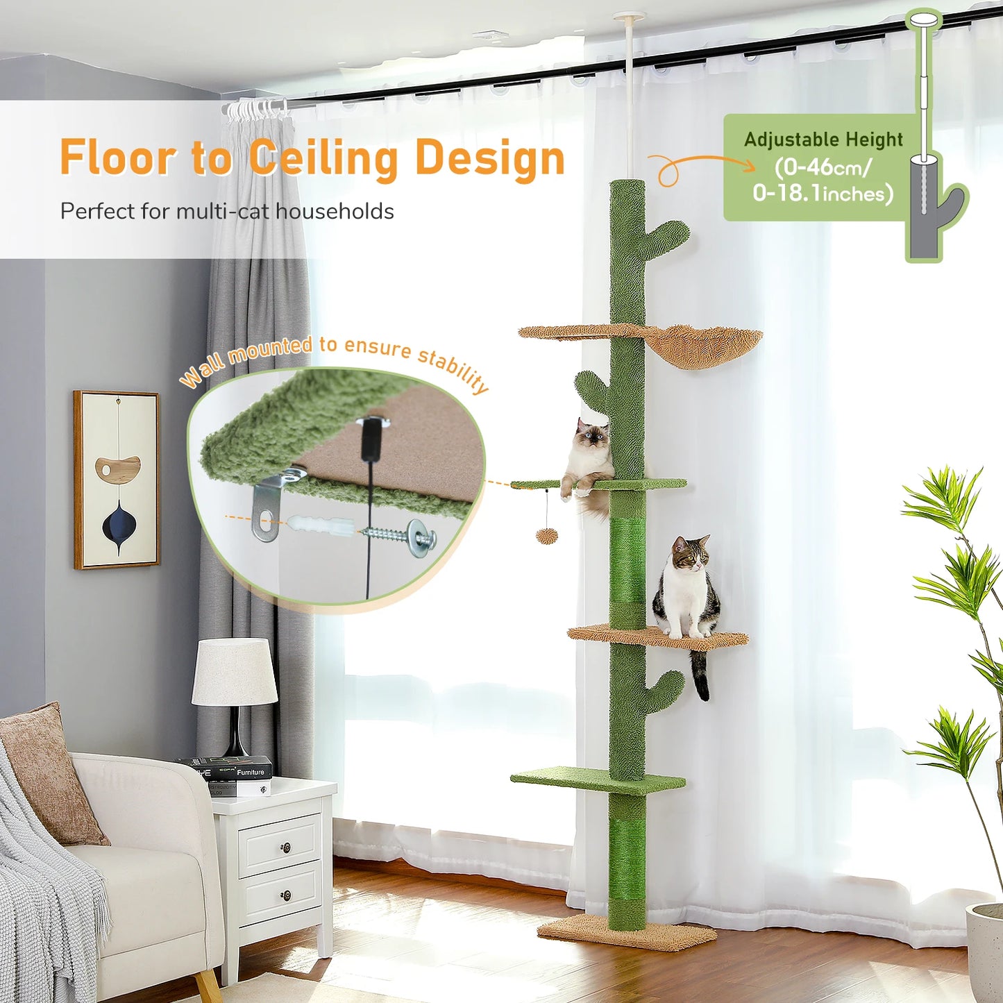 5-Tier Floor-to-Ceiling Cactus Cat Tower